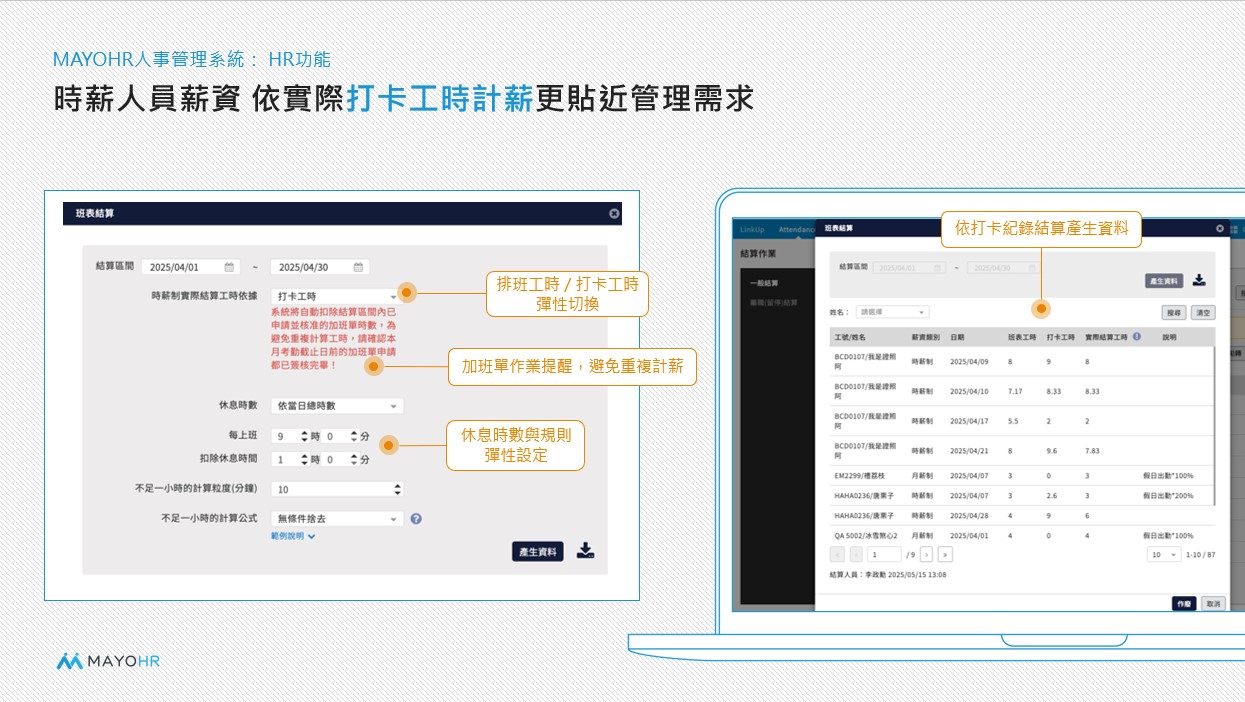 Apollo人資系統,時薪人員打卡工時計薪畫面