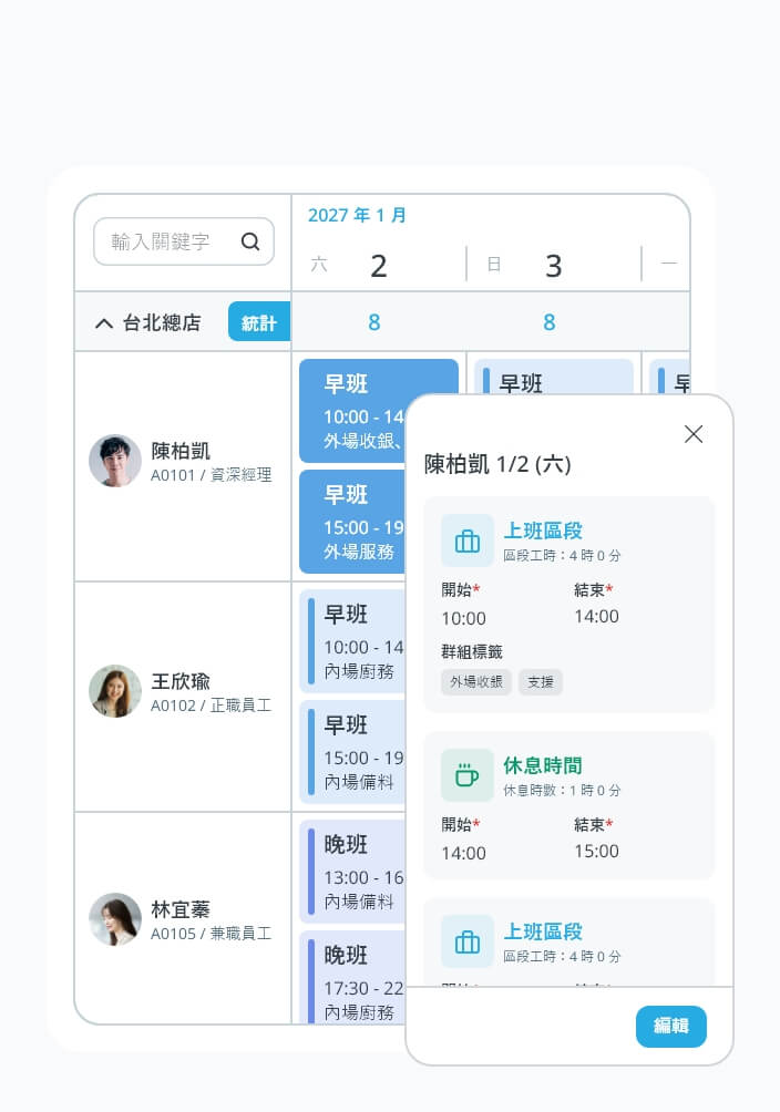 多段班表清楚呈現，操作更直覺