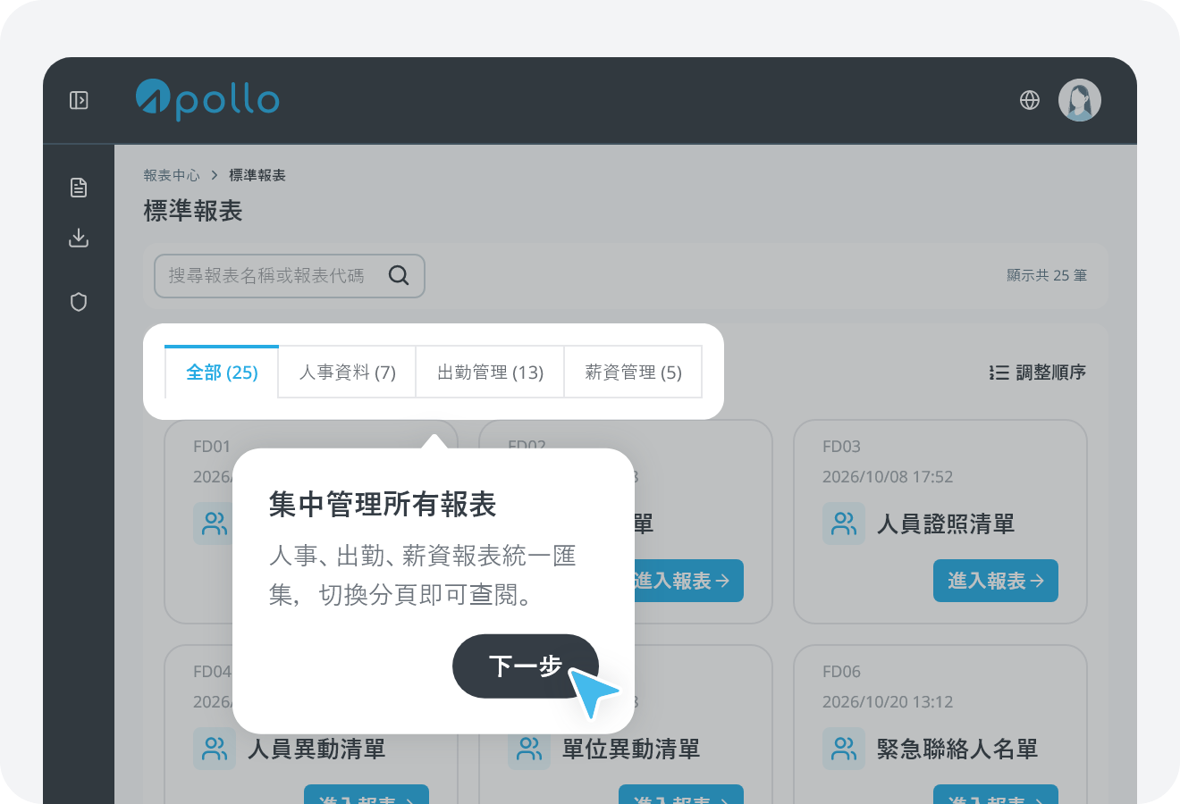 進入標準報表清單頁