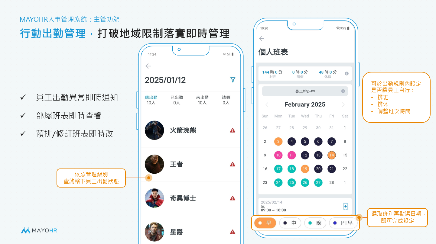 圖說:透過手機 App,主管可隨時查看部門出勤狀況,紅色驚嘆號代表異常,管理一目了然