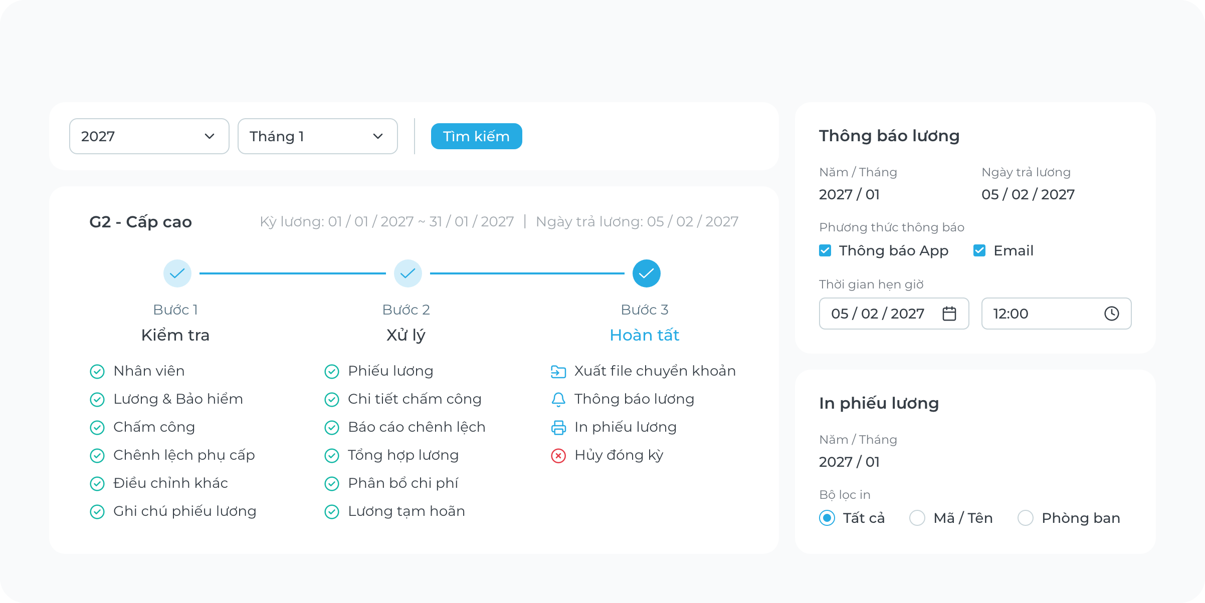 Bảng điều khiển xử lý bảng lương 3 bước
