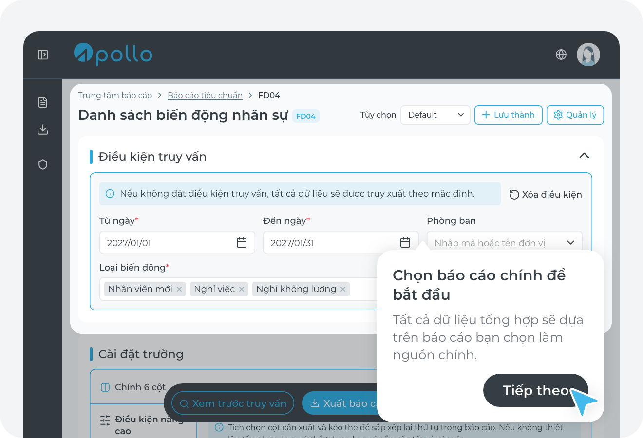 Chọn báo cáo chính