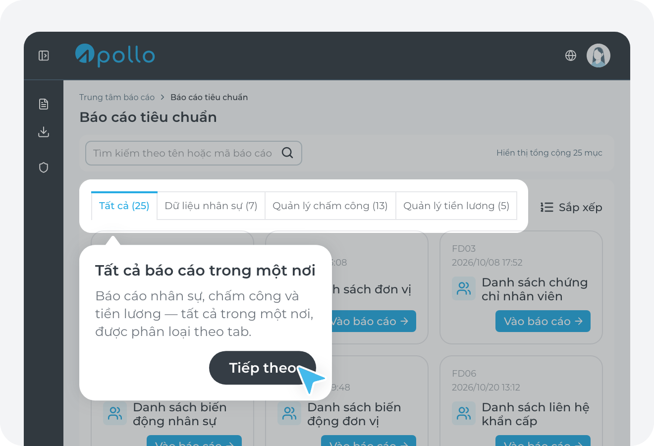 Vào trang danh sách báo cáo tiêu chuẩn